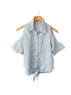 Blue and White Stripes Open Shoulder Top with Collar Size S